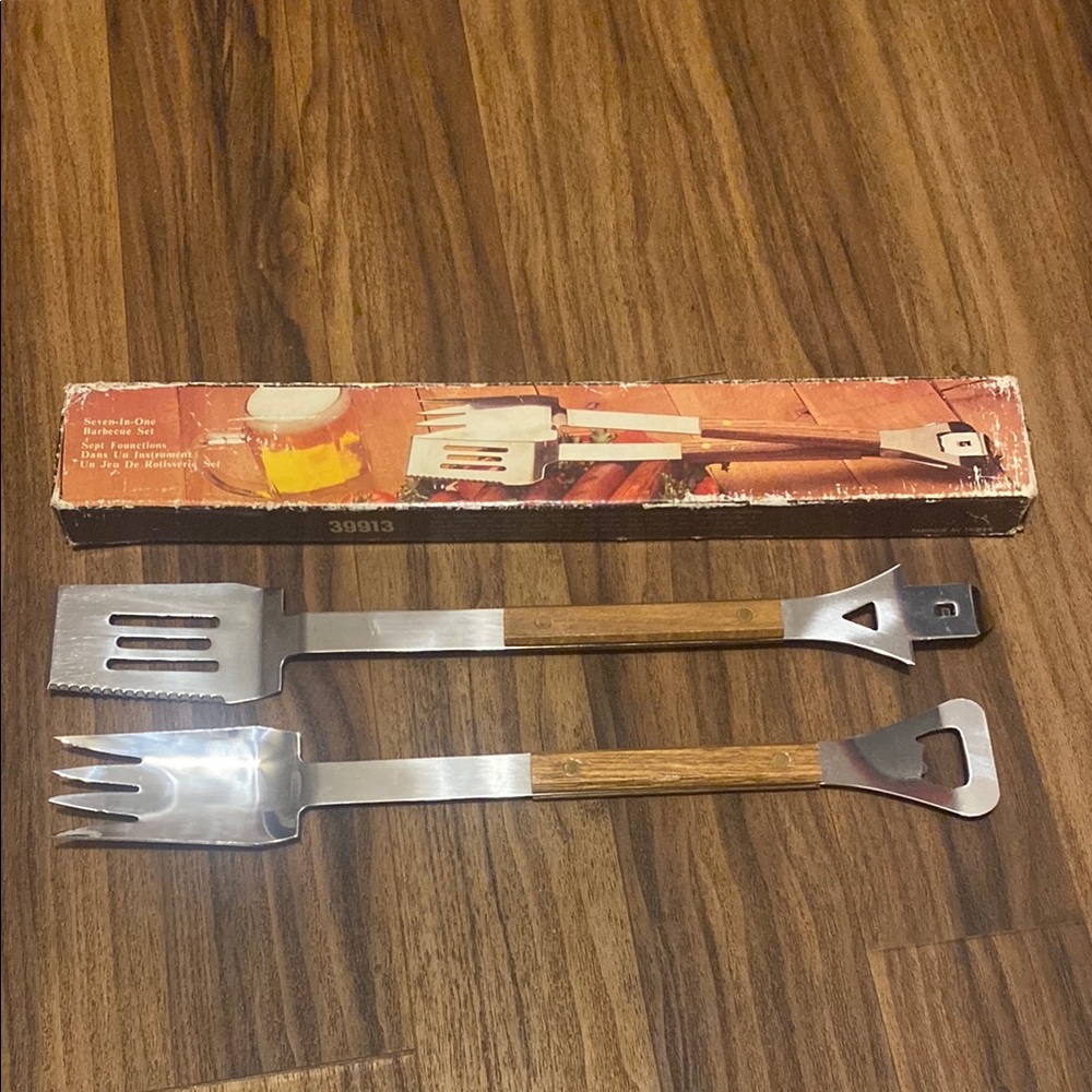 Vintage Stainless Steel and Wood BBQ Turner and Fork Set - Brown
